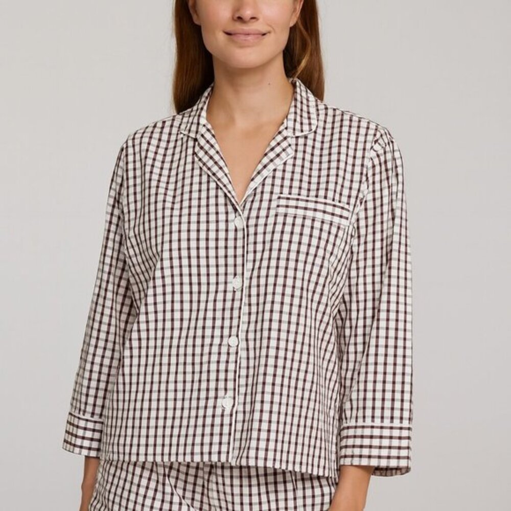 Sleepy Jones Pajama Top Women's XS White Burgundy‎ Check Button Down Long Sleeve